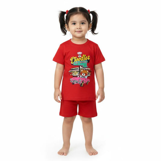 Girls Co ord set Red with Doodles