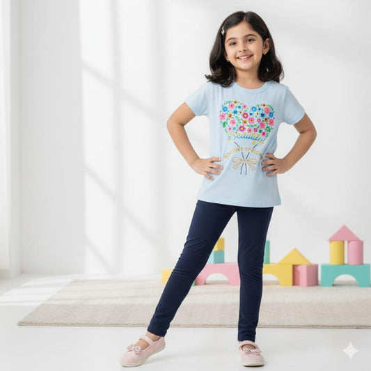 Girls Pant set L.Blue with Flowers